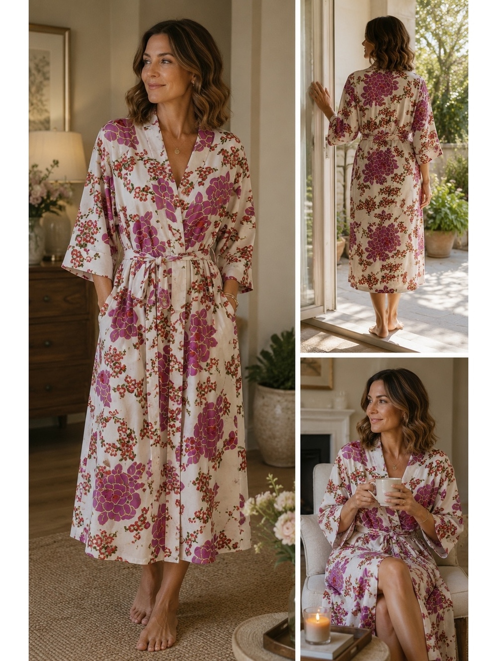 Natori Floral Satin Kimono Robe Lounge Wrap Size Small